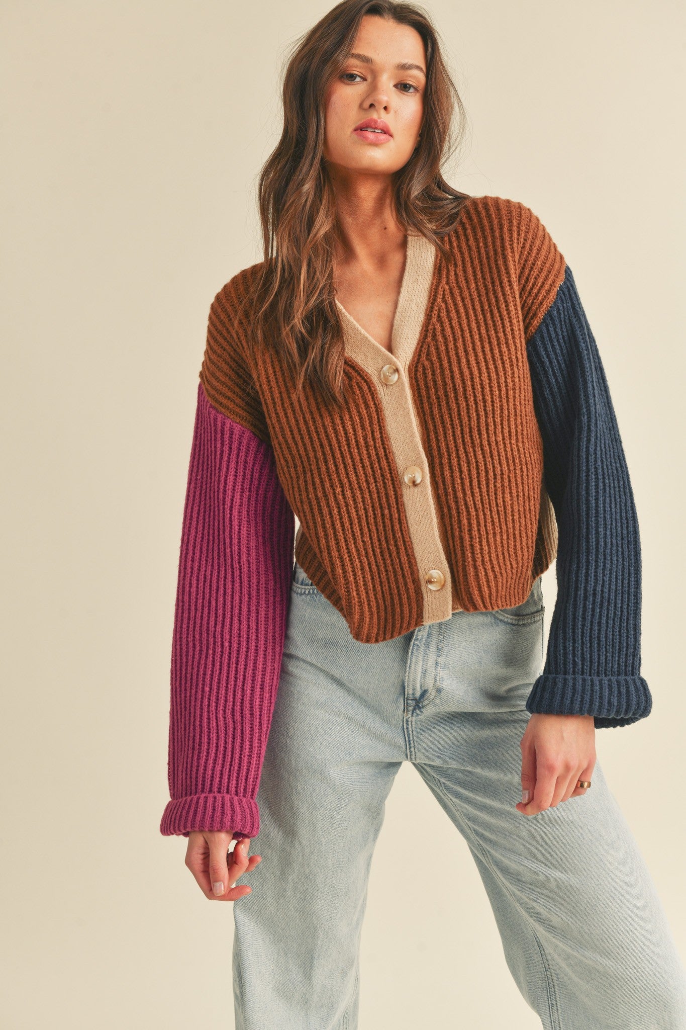 Color Block Knit Sweater Cardigan