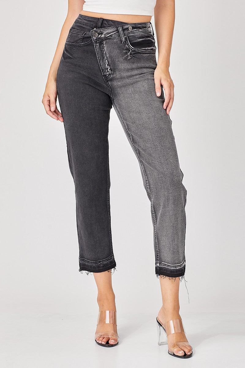 High-Rise Cross Over Two Toned Straight Jeans