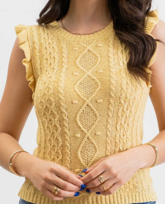 Mustard Sleeveless Cable Knit Top