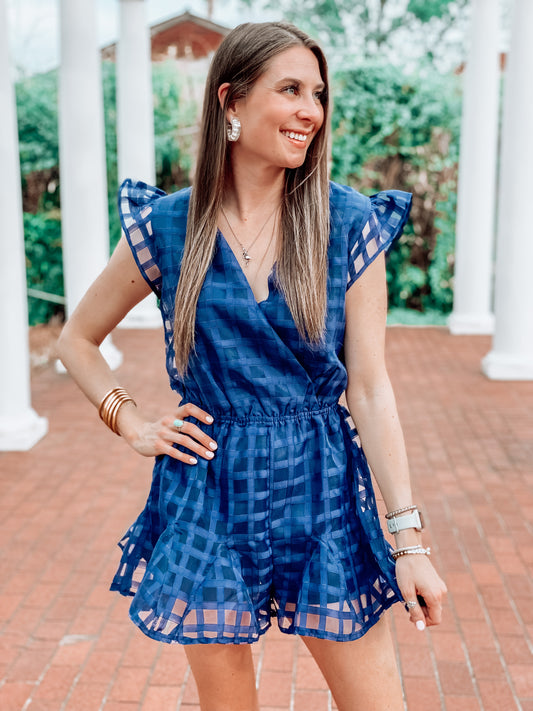 Navy Check Patterned Romper
