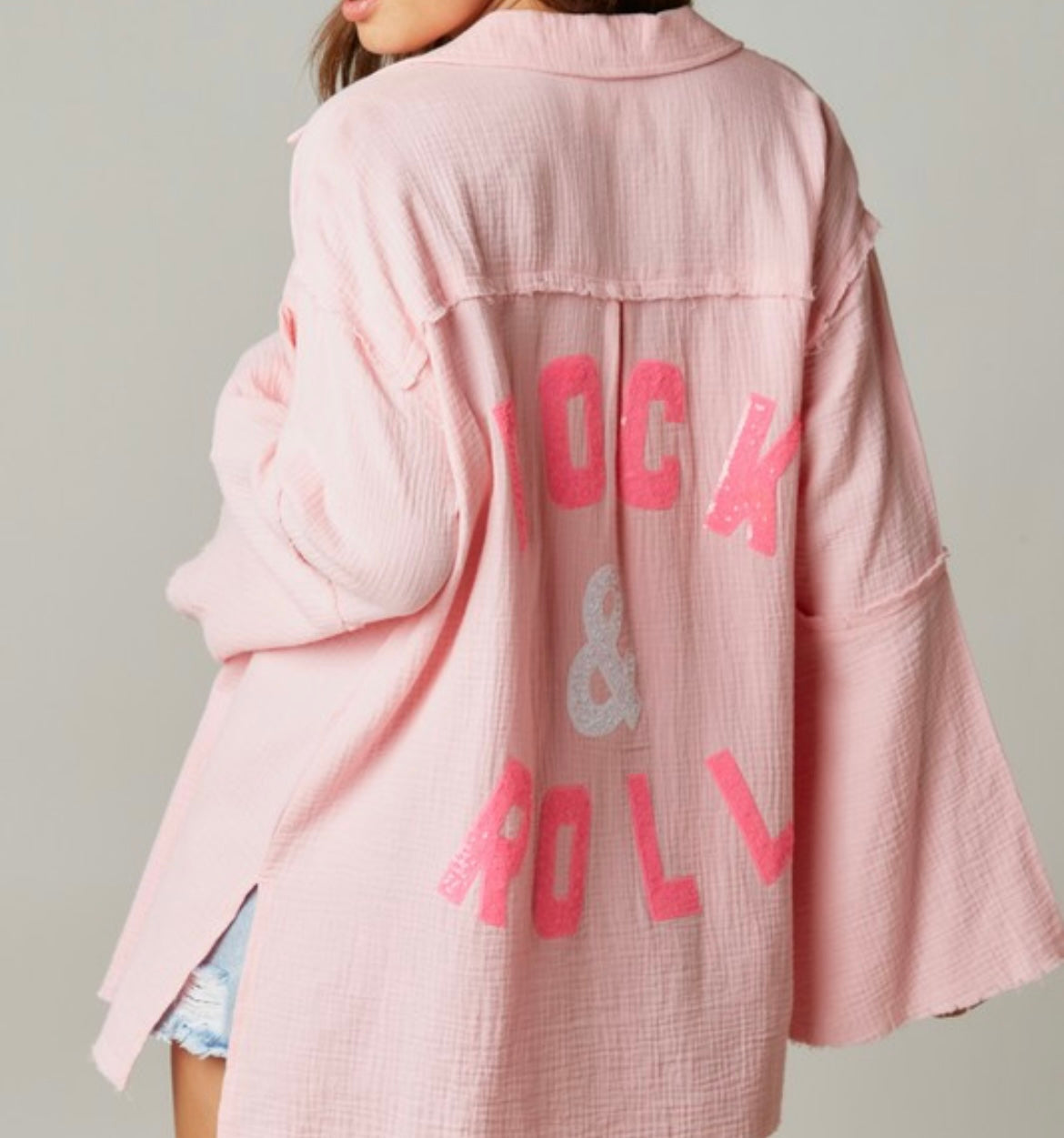 Pink Rock and Roll Sequins Button Down
