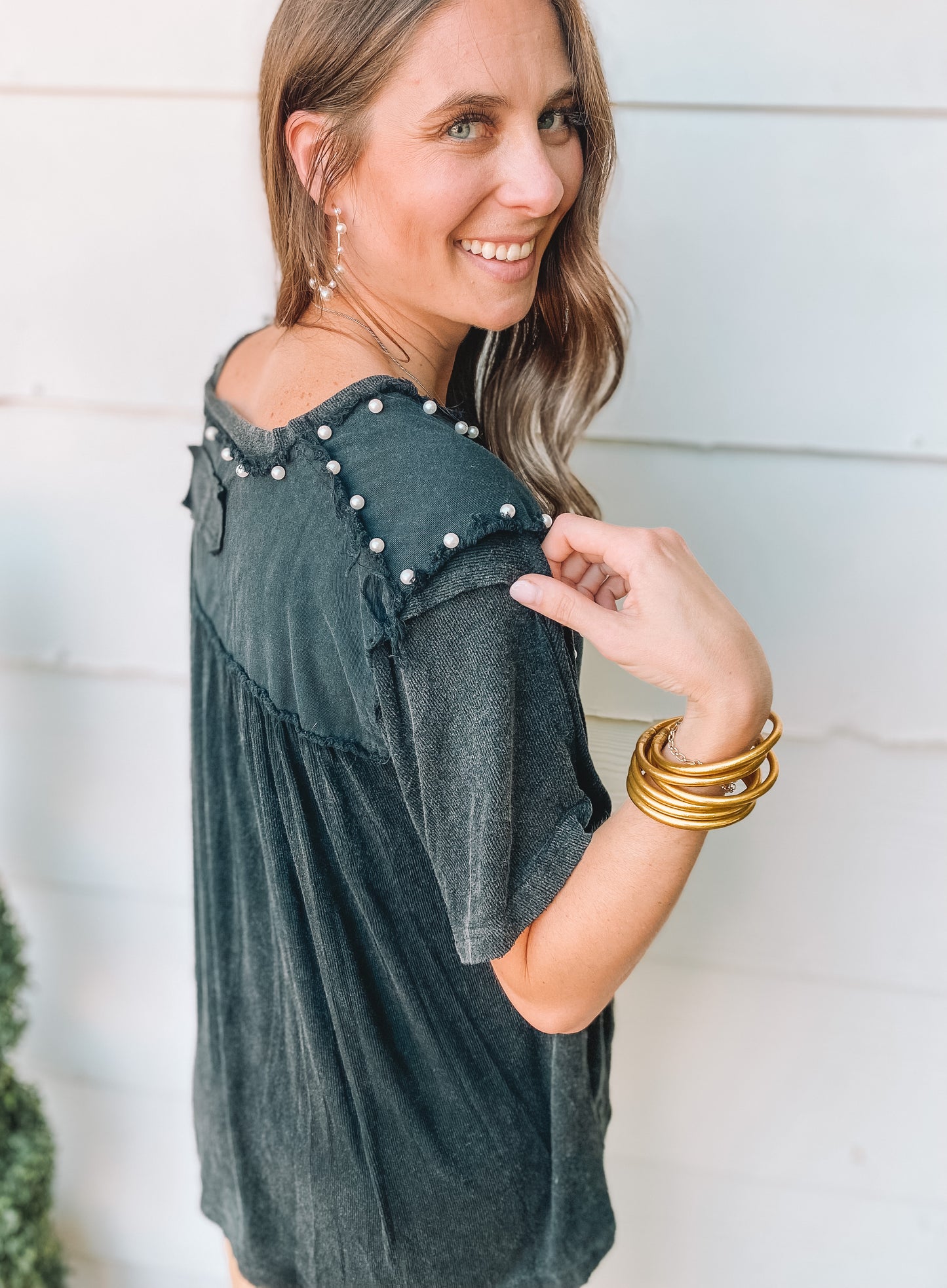 Oversized Pearl Detail Ribbed Top
