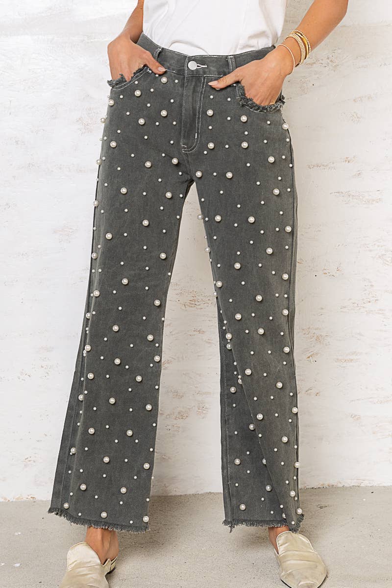 Straight fit beaded pearl detail twill pants