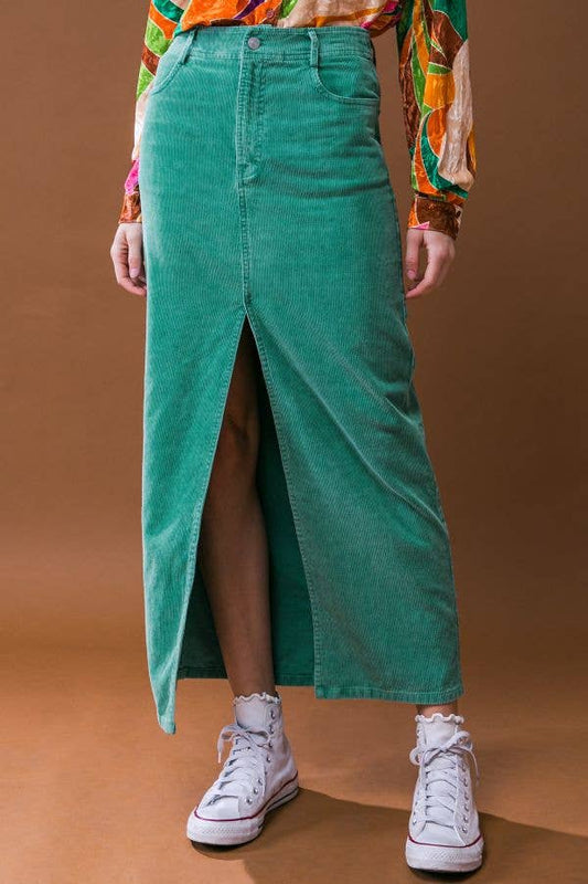 Green Washed Corduroy Midi Skirt